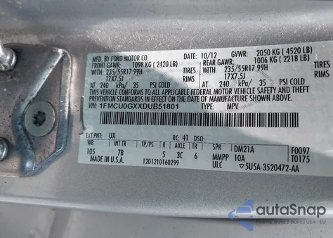 2013 Ford Escape Se z USA, uszkodzony, nr VIN 1FMCU0GXXDUB51801